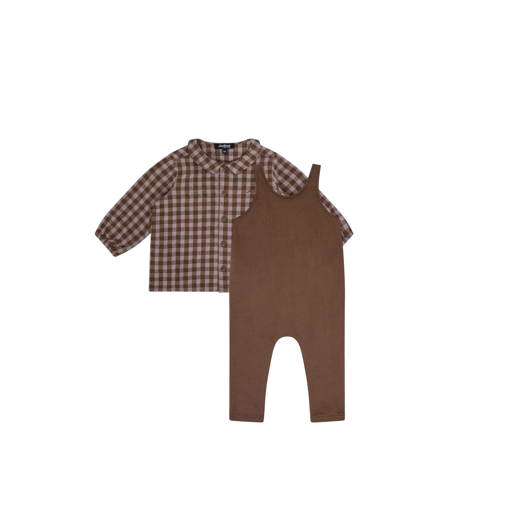 Checkered Collar Shirt and Overalls Set